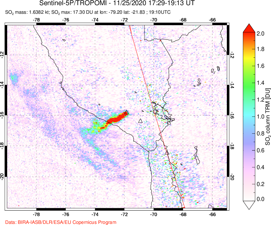 A sulfur dioxide image over Peru on Nov 25, 2020.