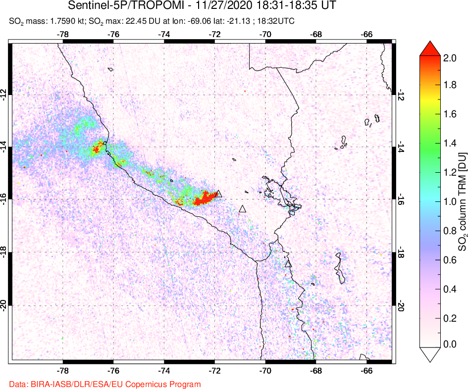 A sulfur dioxide image over Peru on Nov 27, 2020.