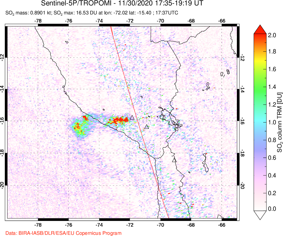A sulfur dioxide image over Peru on Nov 30, 2020.