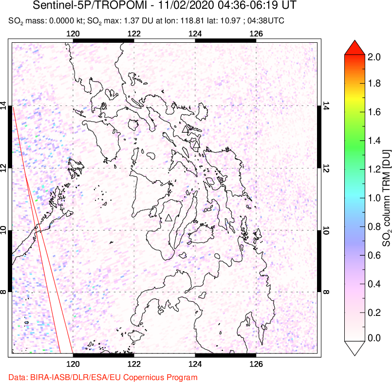 A sulfur dioxide image over Philippines on Nov 02, 2020.