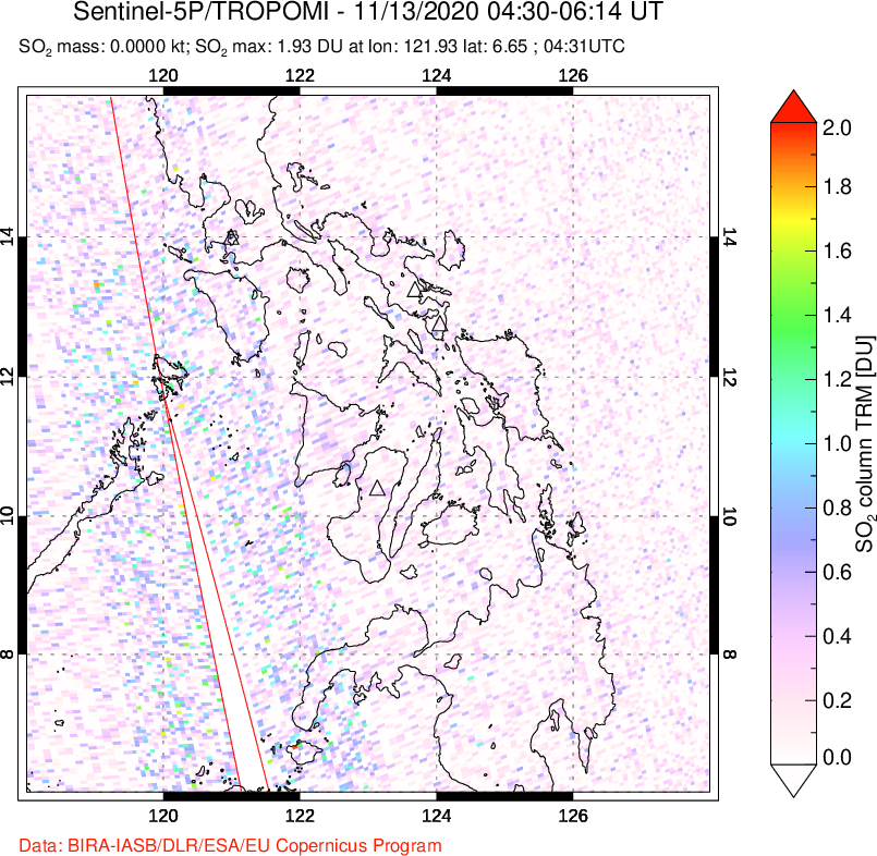 A sulfur dioxide image over Philippines on Nov 13, 2020.