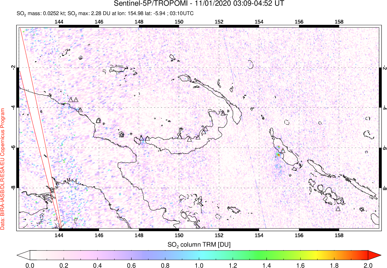 A sulfur dioxide image over Papua, New Guinea on Nov 01, 2020.