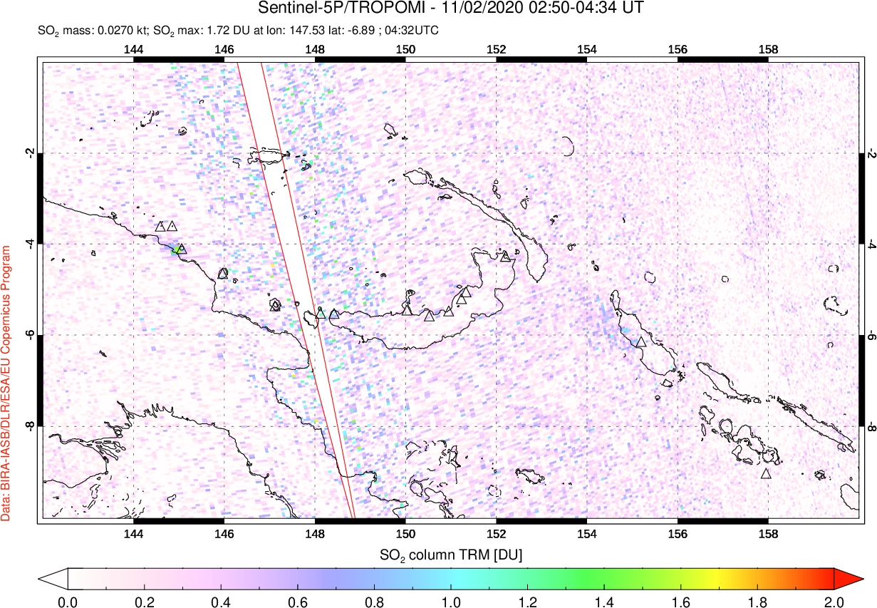 A sulfur dioxide image over Papua, New Guinea on Nov 02, 2020.
