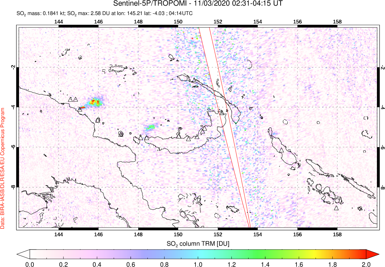 A sulfur dioxide image over Papua, New Guinea on Nov 03, 2020.