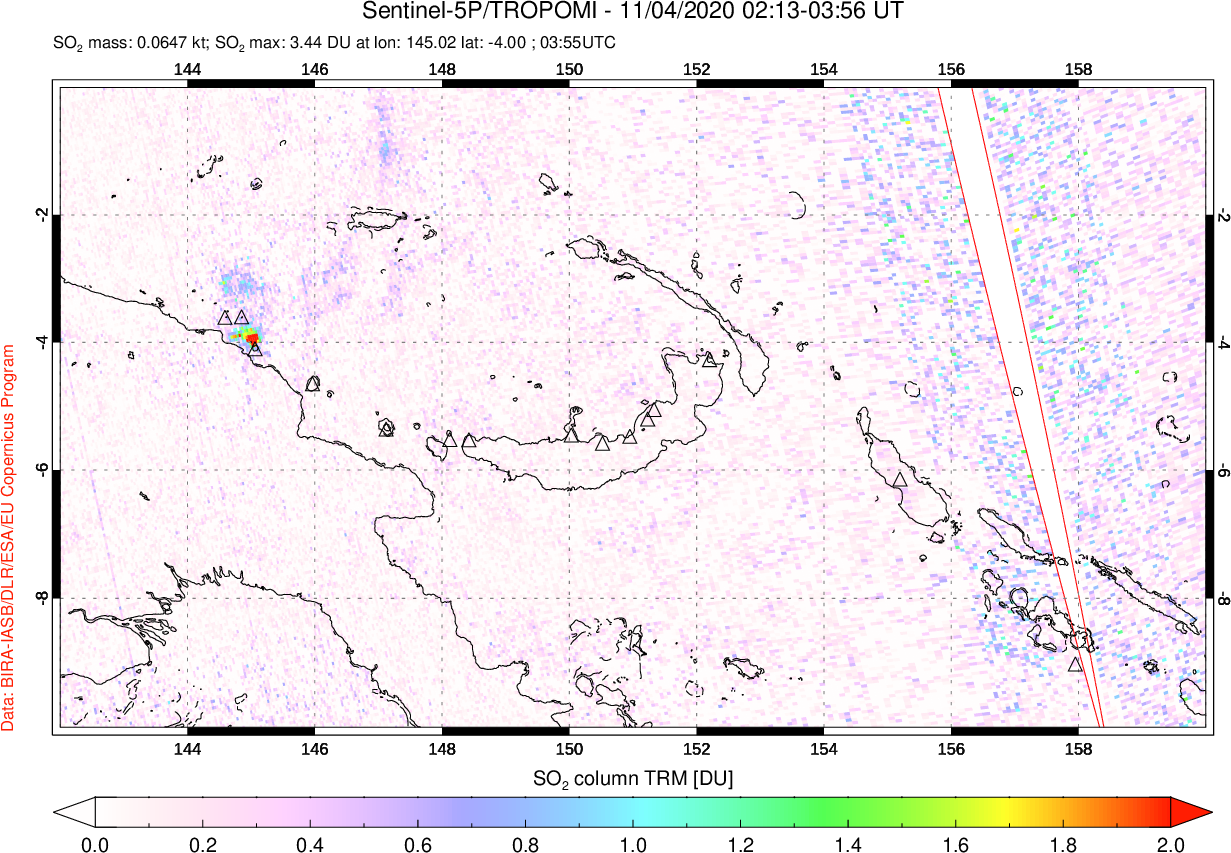A sulfur dioxide image over Papua, New Guinea on Nov 04, 2020.