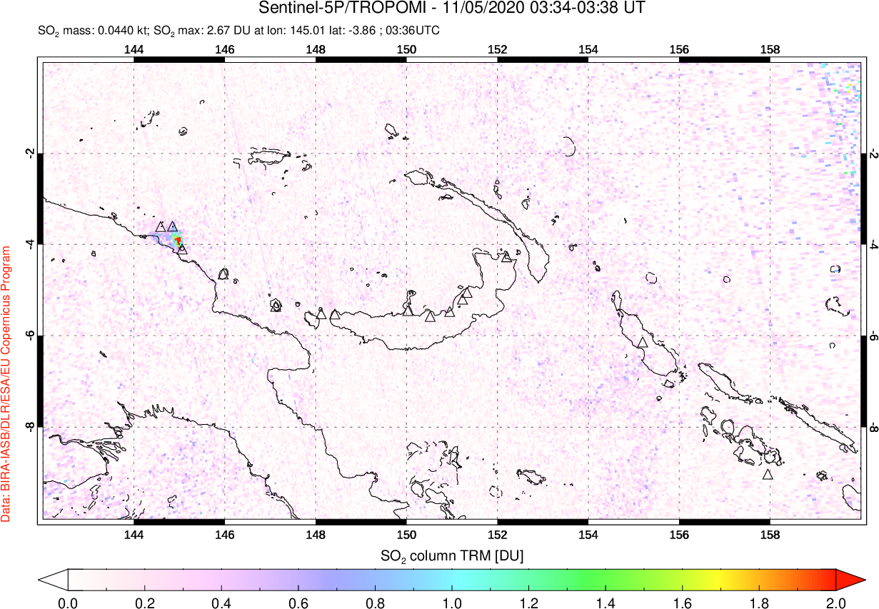 A sulfur dioxide image over Papua, New Guinea on Nov 05, 2020.