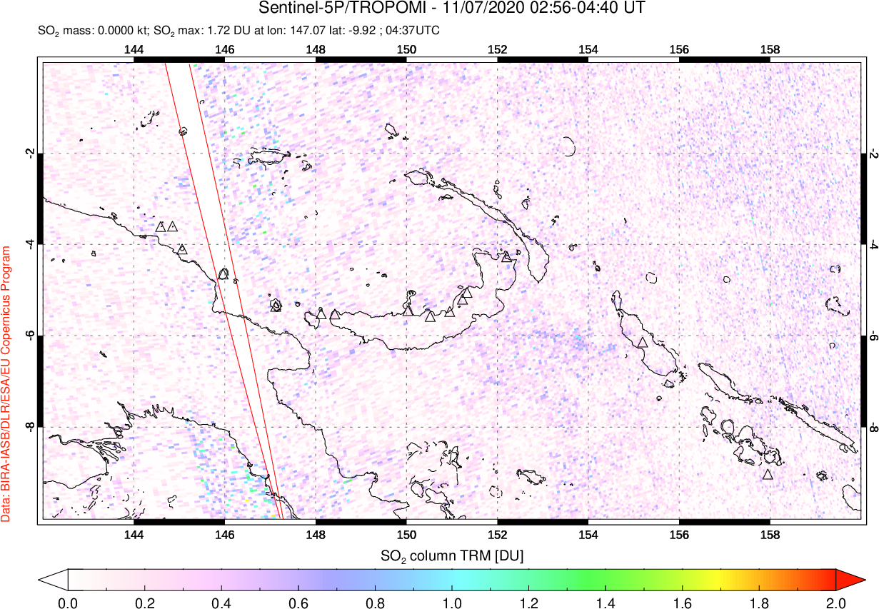 A sulfur dioxide image over Papua, New Guinea on Nov 07, 2020.