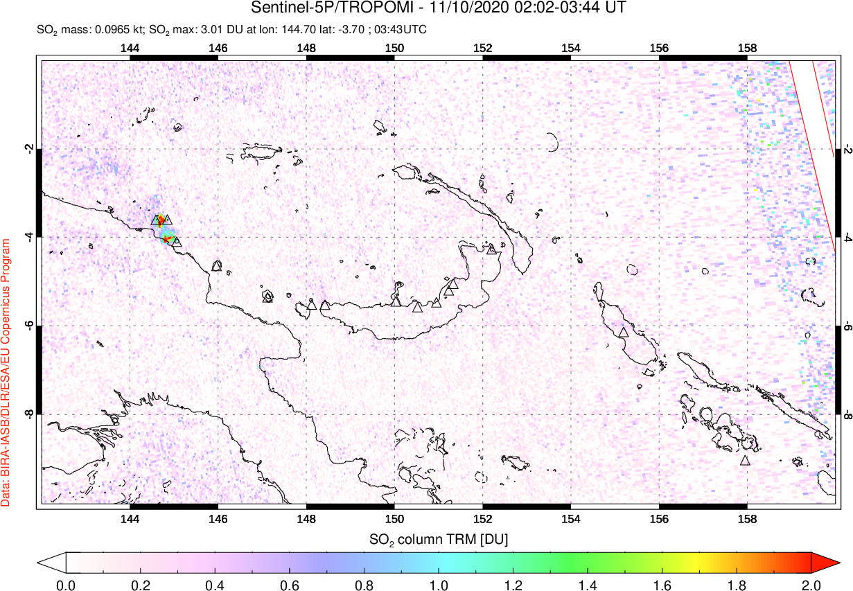 A sulfur dioxide image over Papua, New Guinea on Nov 10, 2020.