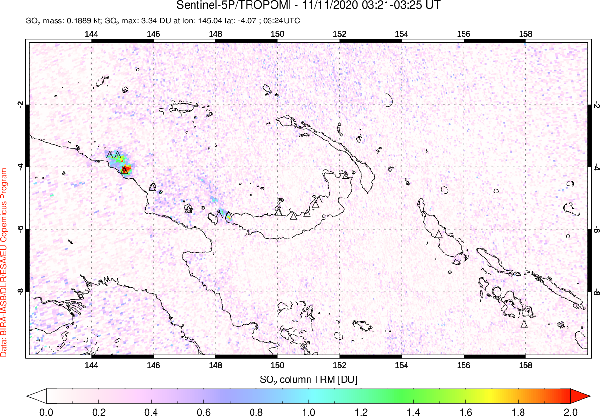 A sulfur dioxide image over Papua, New Guinea on Nov 11, 2020.