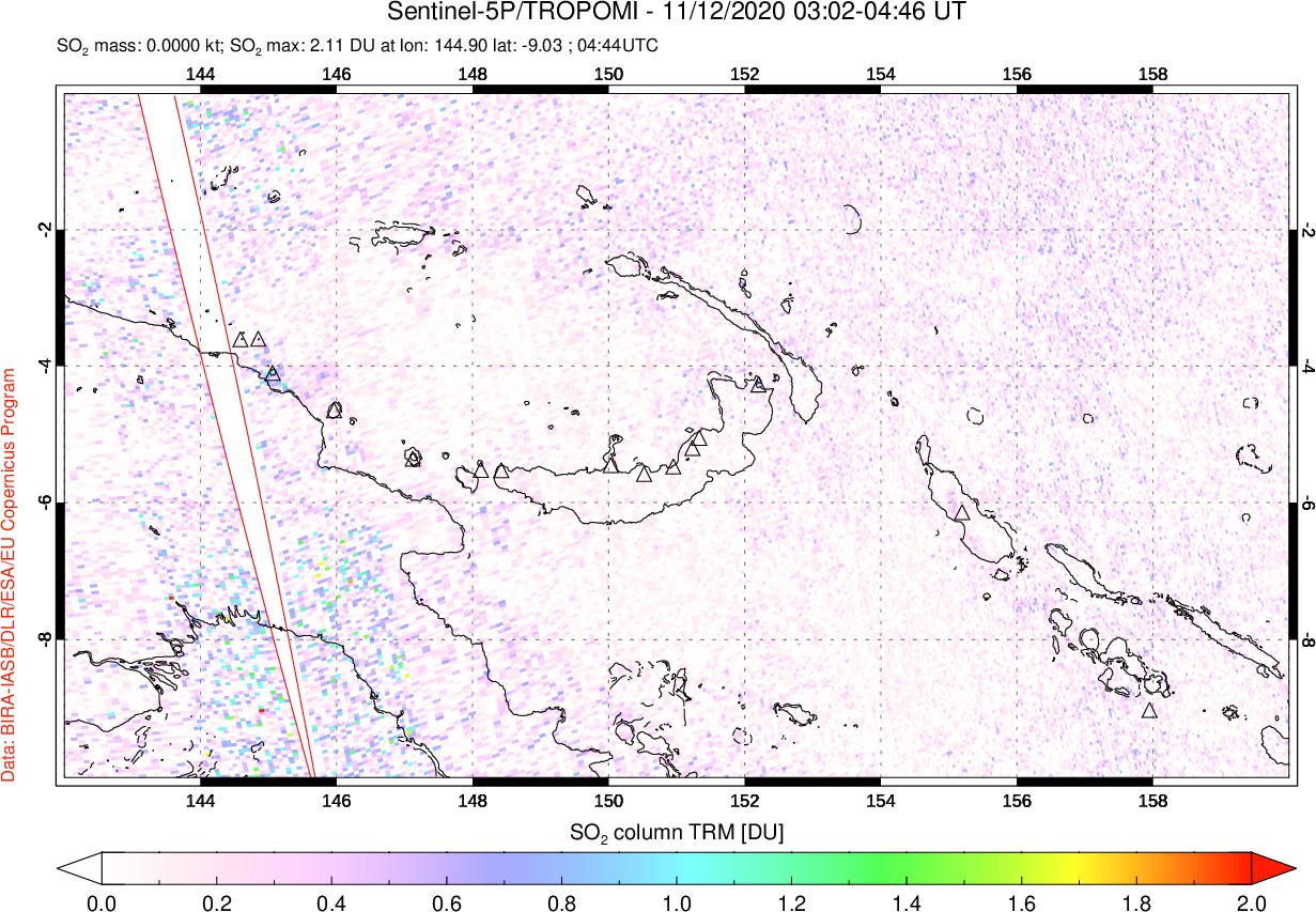 A sulfur dioxide image over Papua, New Guinea on Nov 12, 2020.