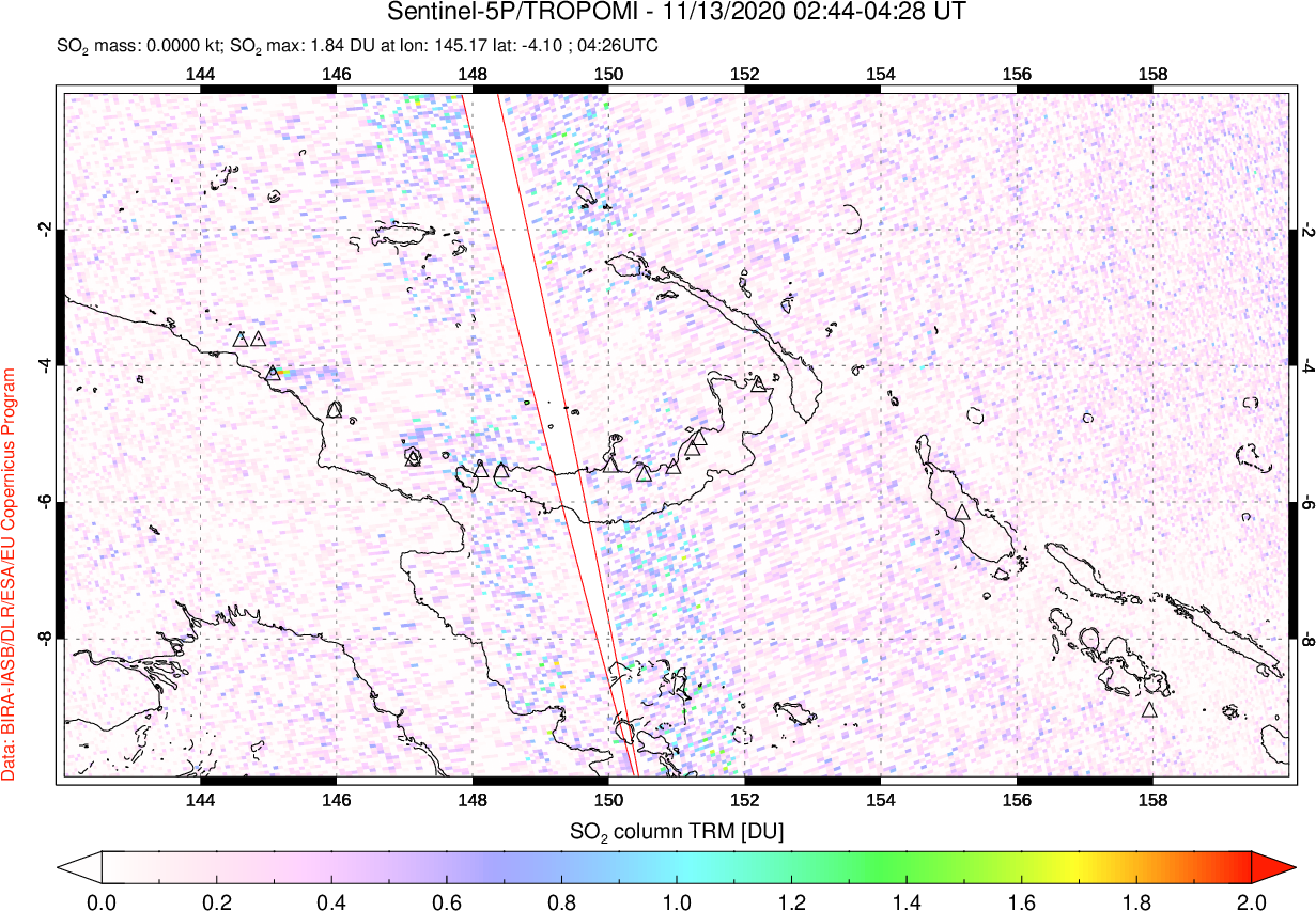 A sulfur dioxide image over Papua, New Guinea on Nov 13, 2020.