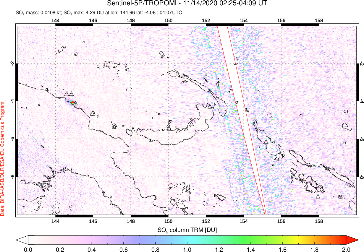 A sulfur dioxide image over Papua, New Guinea on Nov 14, 2020.