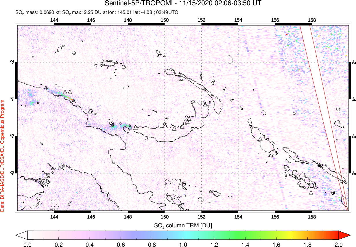 A sulfur dioxide image over Papua, New Guinea on Nov 15, 2020.