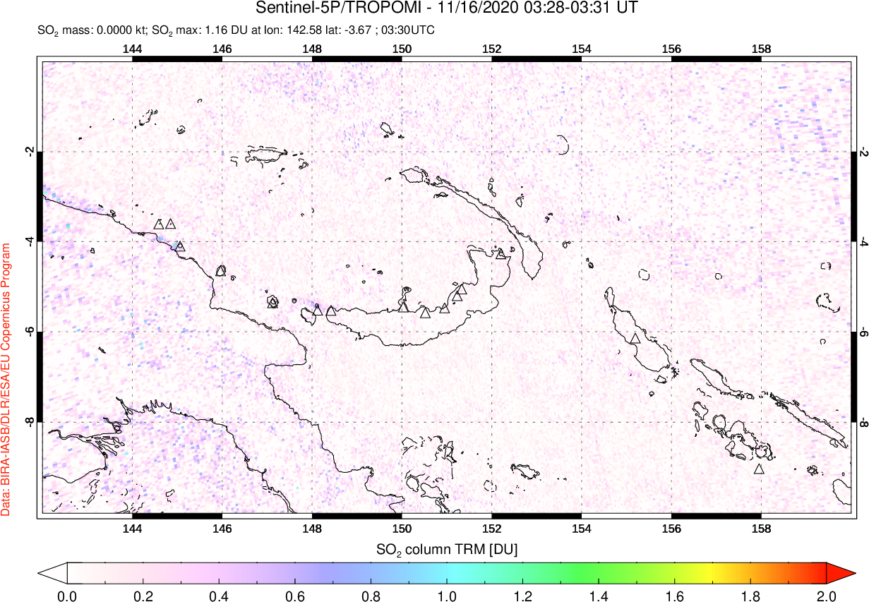 A sulfur dioxide image over Papua, New Guinea on Nov 16, 2020.
