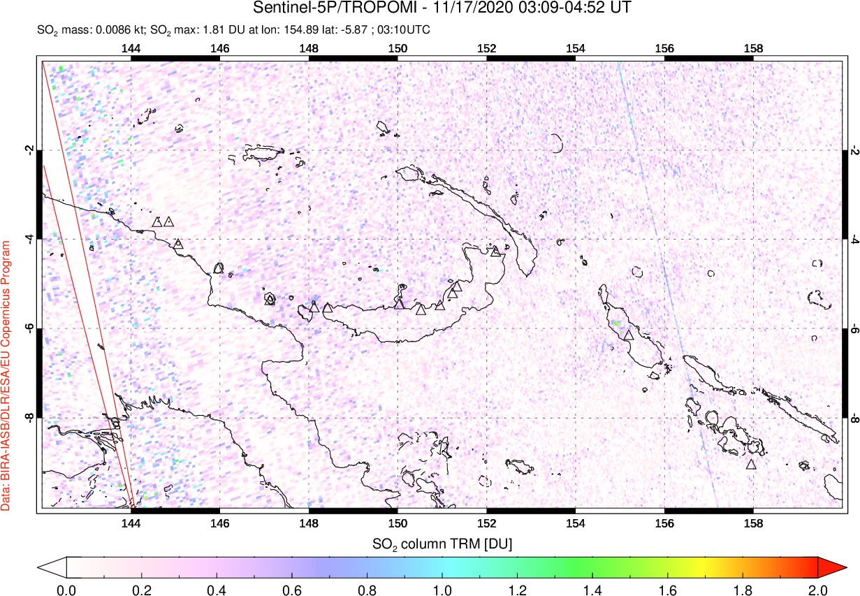 A sulfur dioxide image over Papua, New Guinea on Nov 17, 2020.
