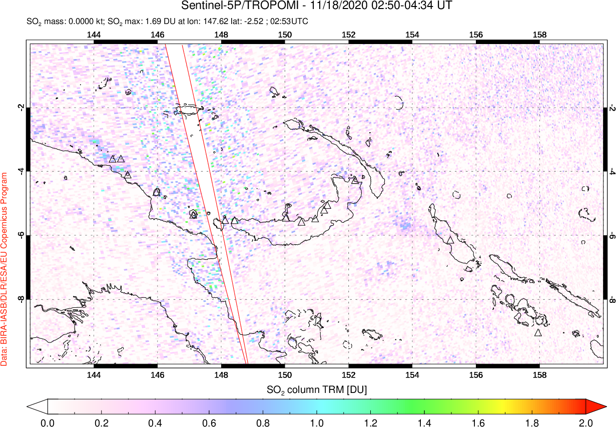 A sulfur dioxide image over Papua, New Guinea on Nov 18, 2020.