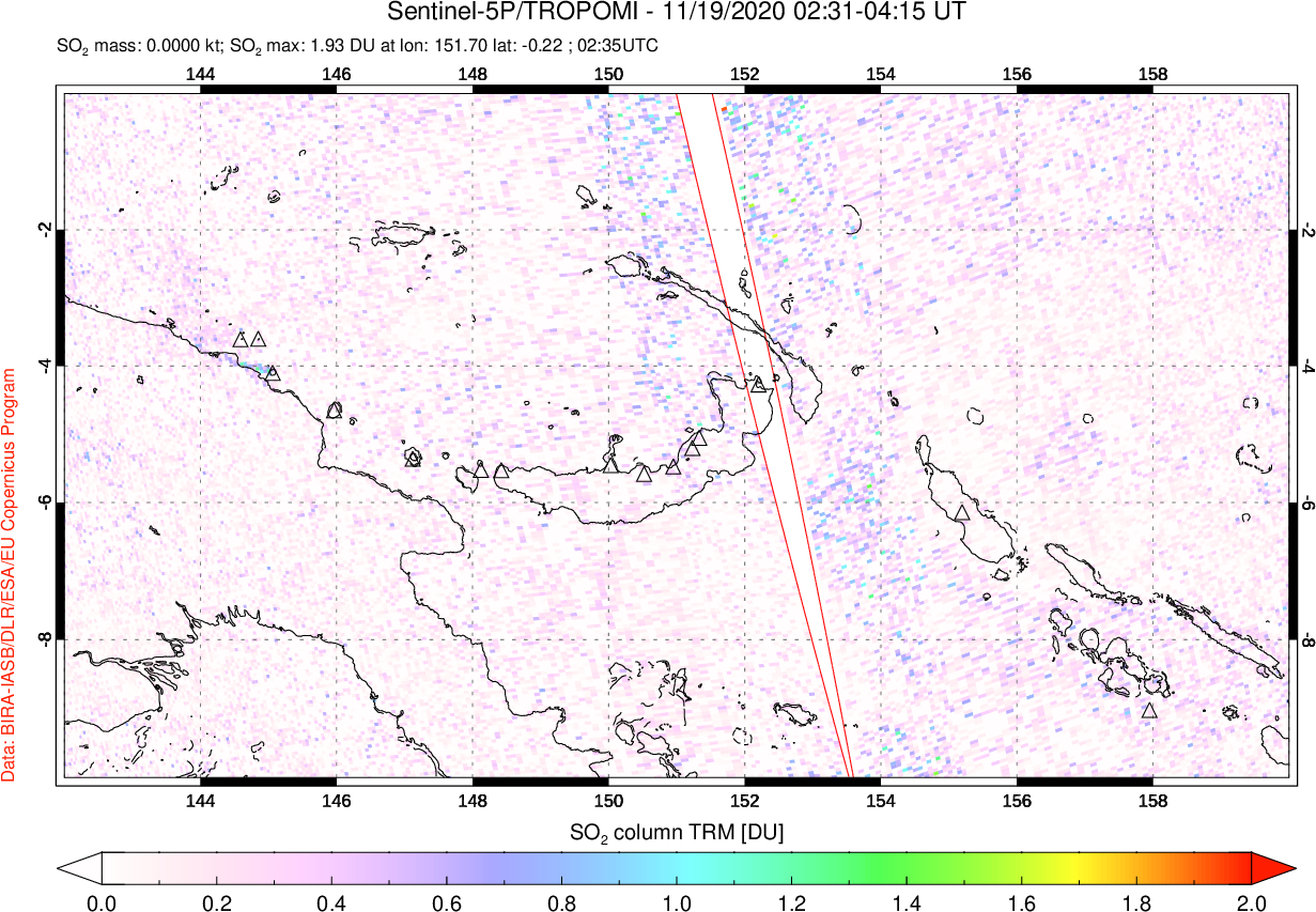 A sulfur dioxide image over Papua, New Guinea on Nov 19, 2020.