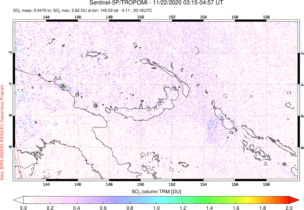 A sulfur dioxide image over Papua, New Guinea on Nov 22, 2020.