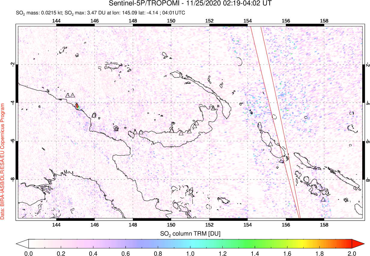 A sulfur dioxide image over Papua, New Guinea on Nov 25, 2020.