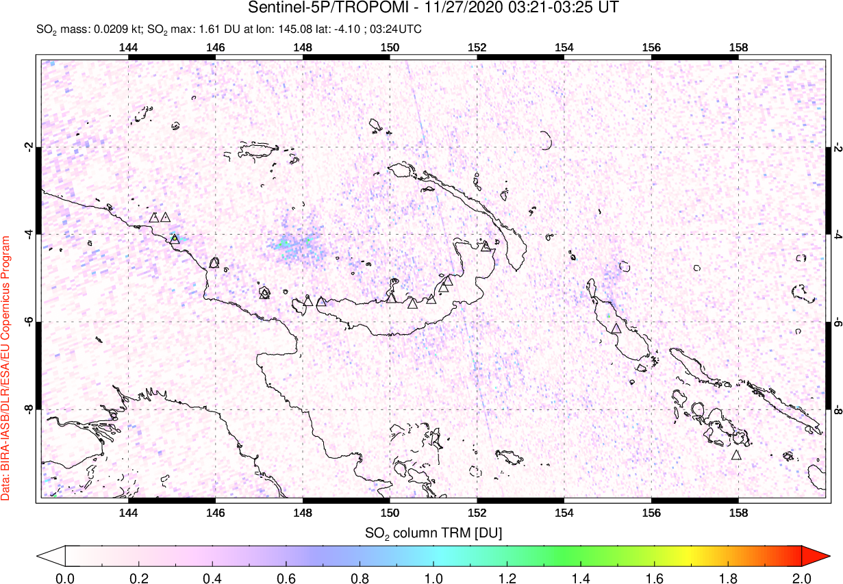 A sulfur dioxide image over Papua, New Guinea on Nov 27, 2020.