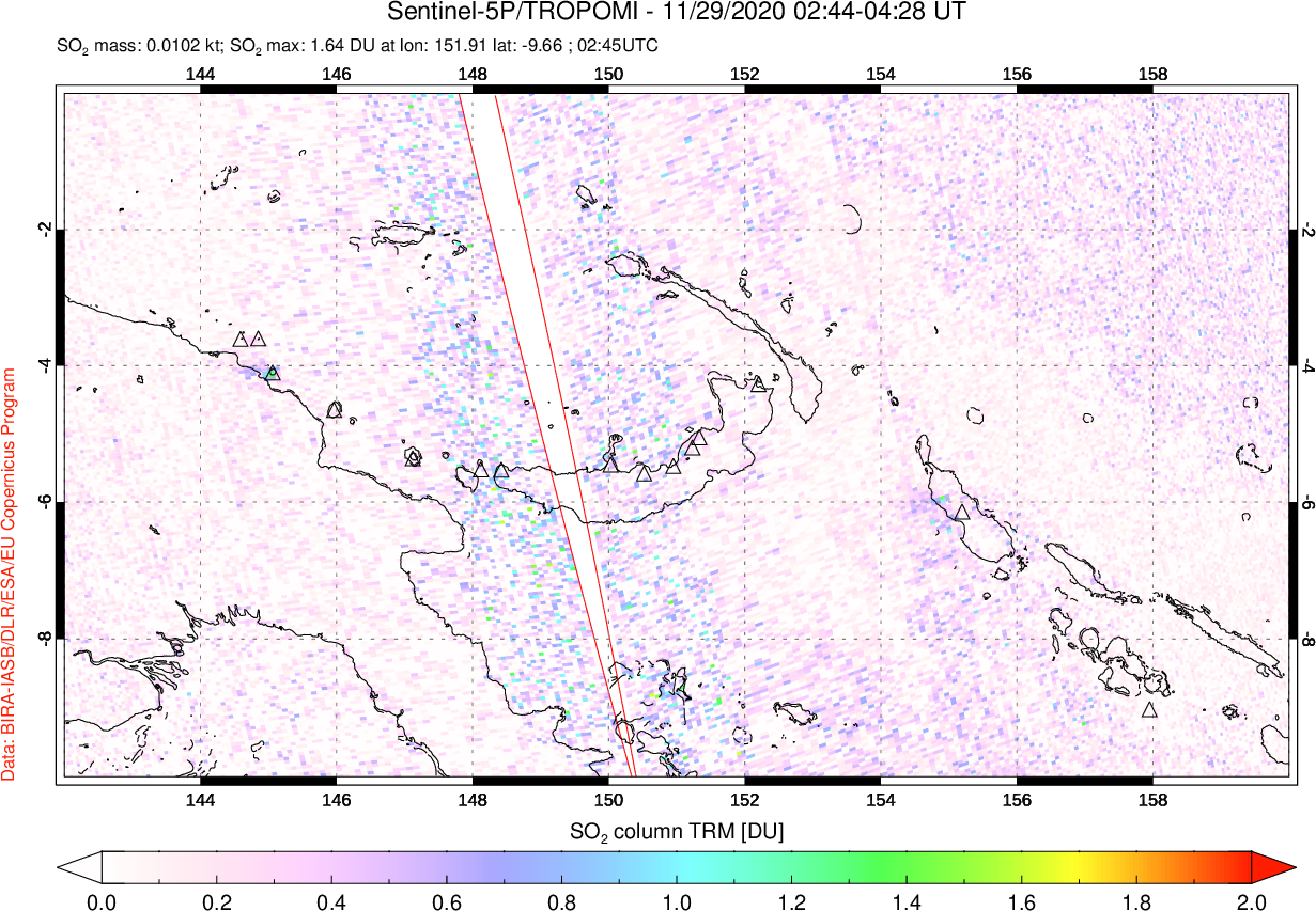 A sulfur dioxide image over Papua, New Guinea on Nov 29, 2020.