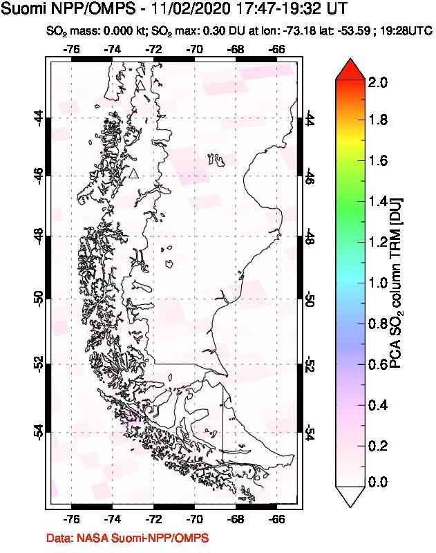 A sulfur dioxide image over Southern Chile on Nov 02, 2020.