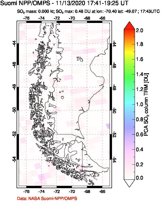 A sulfur dioxide image over Southern Chile on Nov 13, 2020.