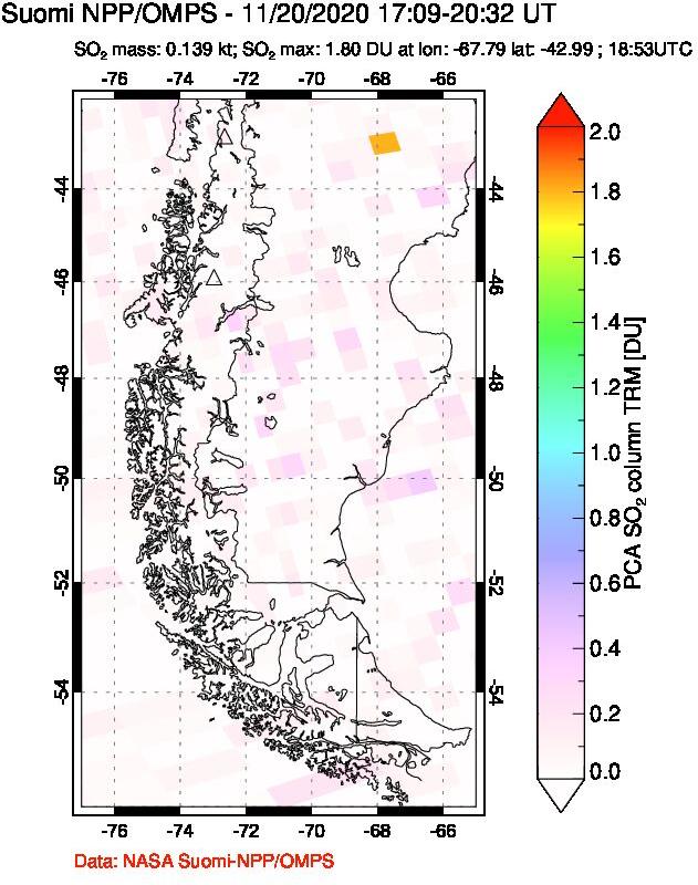 A sulfur dioxide image over Southern Chile on Nov 20, 2020.