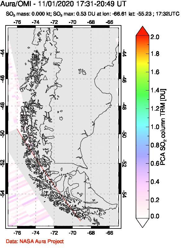 A sulfur dioxide image over Southern Chile on Nov 01, 2020.
