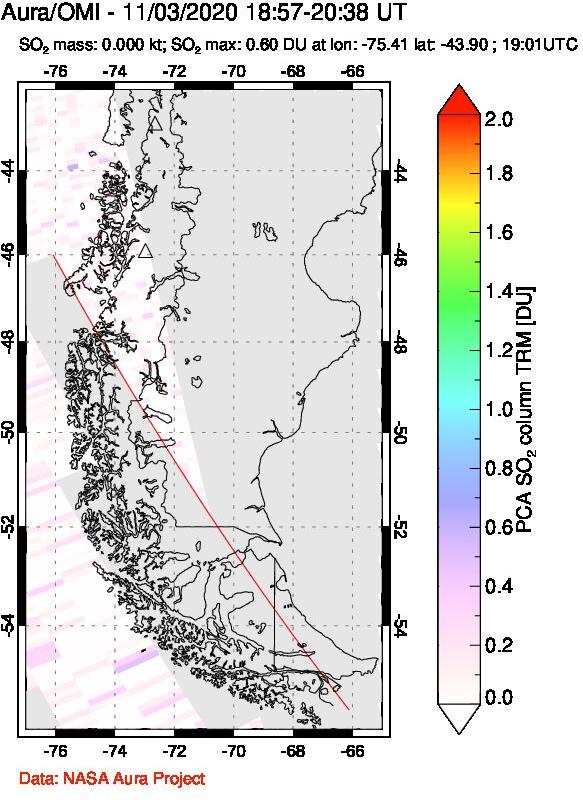 A sulfur dioxide image over Southern Chile on Nov 03, 2020.