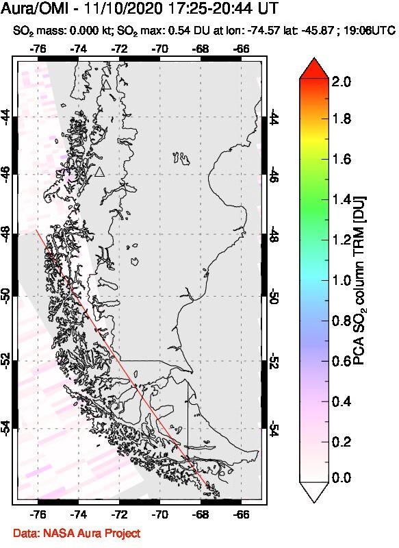 A sulfur dioxide image over Southern Chile on Nov 10, 2020.