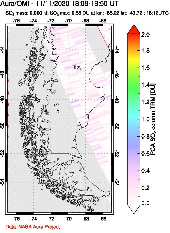 A sulfur dioxide image over Southern Chile on Nov 11, 2020.