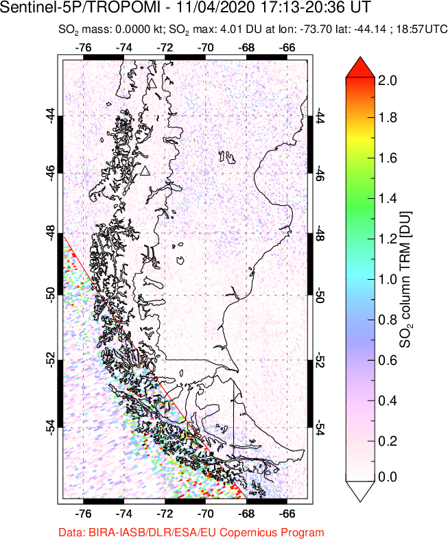 A sulfur dioxide image over Southern Chile on Nov 04, 2020.