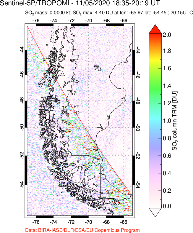 A sulfur dioxide image over Southern Chile on Nov 05, 2020.