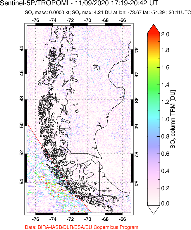 A sulfur dioxide image over Southern Chile on Nov 09, 2020.