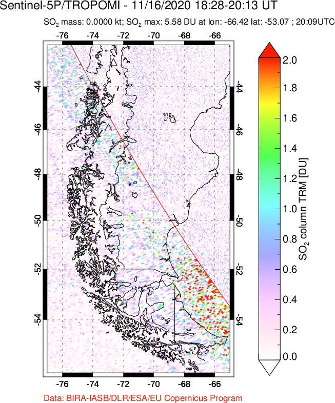A sulfur dioxide image over Southern Chile on Nov 16, 2020.