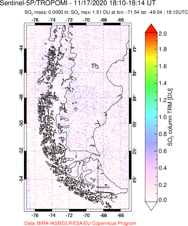 A sulfur dioxide image over Southern Chile on Nov 17, 2020.