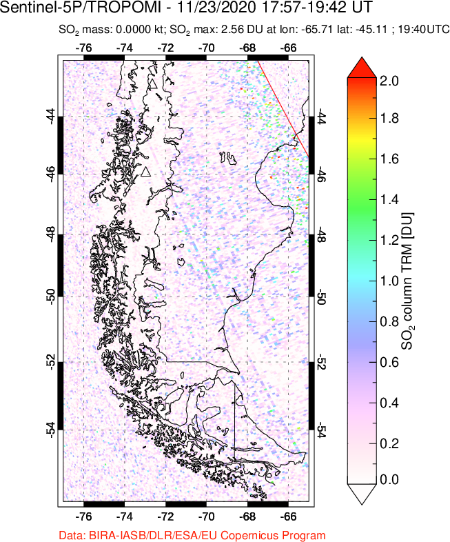 A sulfur dioxide image over Southern Chile on Nov 23, 2020.