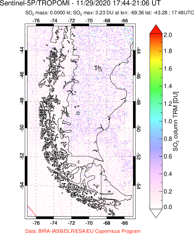 A sulfur dioxide image over Southern Chile on Nov 29, 2020.
