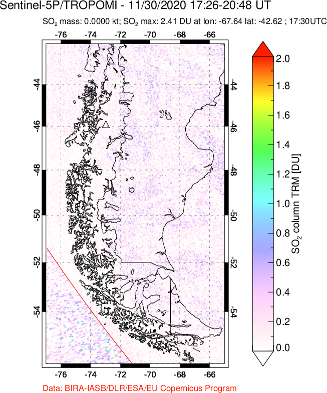A sulfur dioxide image over Southern Chile on Nov 30, 2020.