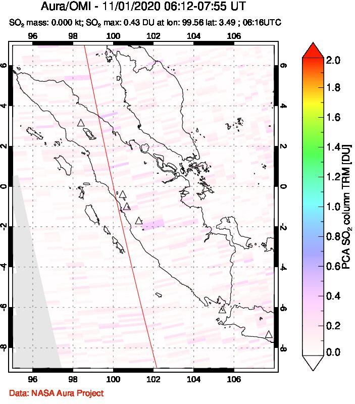 A sulfur dioxide image over Sumatra, Indonesia on Nov 01, 2020.