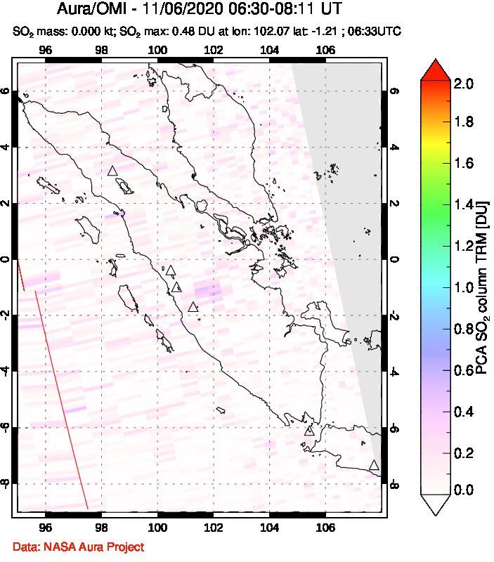 A sulfur dioxide image over Sumatra, Indonesia on Nov 06, 2020.