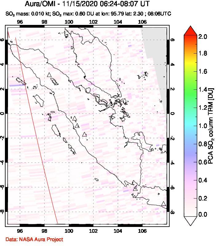 A sulfur dioxide image over Sumatra, Indonesia on Nov 15, 2020.