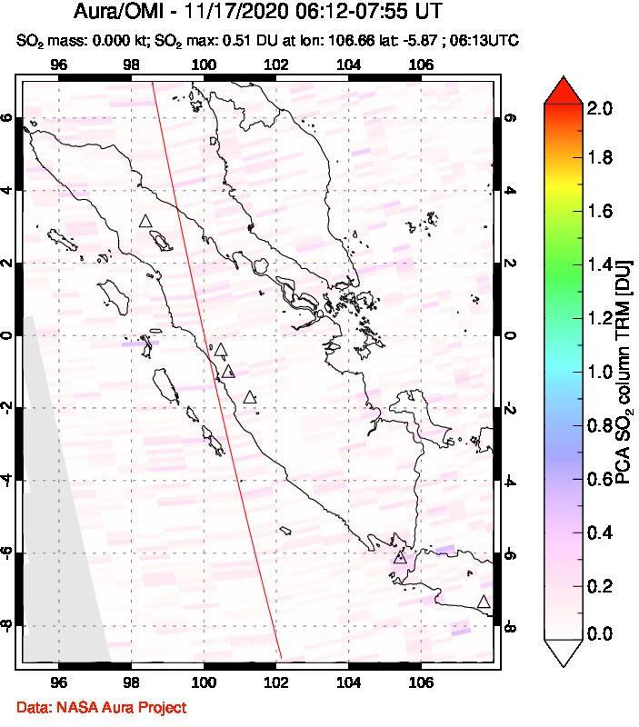 A sulfur dioxide image over Sumatra, Indonesia on Nov 17, 2020.