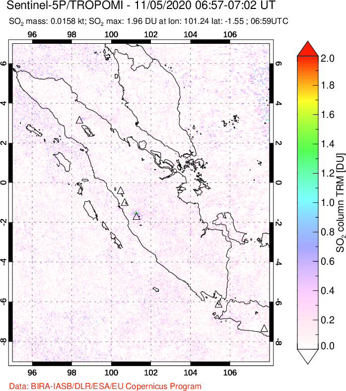 A sulfur dioxide image over Sumatra, Indonesia on Nov 05, 2020.