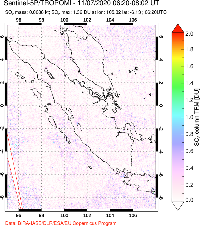 A sulfur dioxide image over Sumatra, Indonesia on Nov 07, 2020.