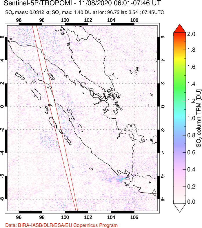 A sulfur dioxide image over Sumatra, Indonesia on Nov 08, 2020.