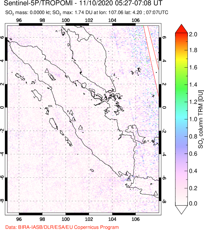 A sulfur dioxide image over Sumatra, Indonesia on Nov 10, 2020.