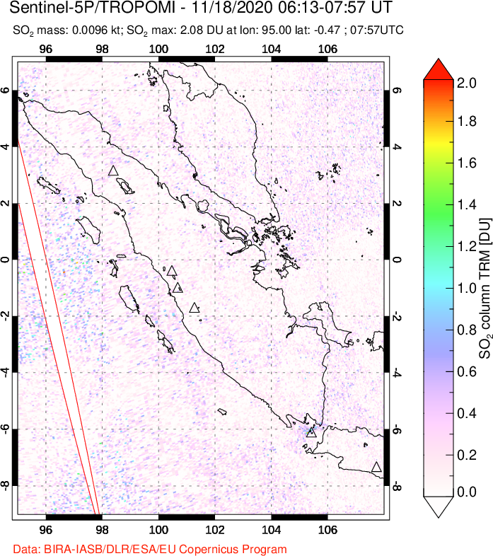 A sulfur dioxide image over Sumatra, Indonesia on Nov 18, 2020.