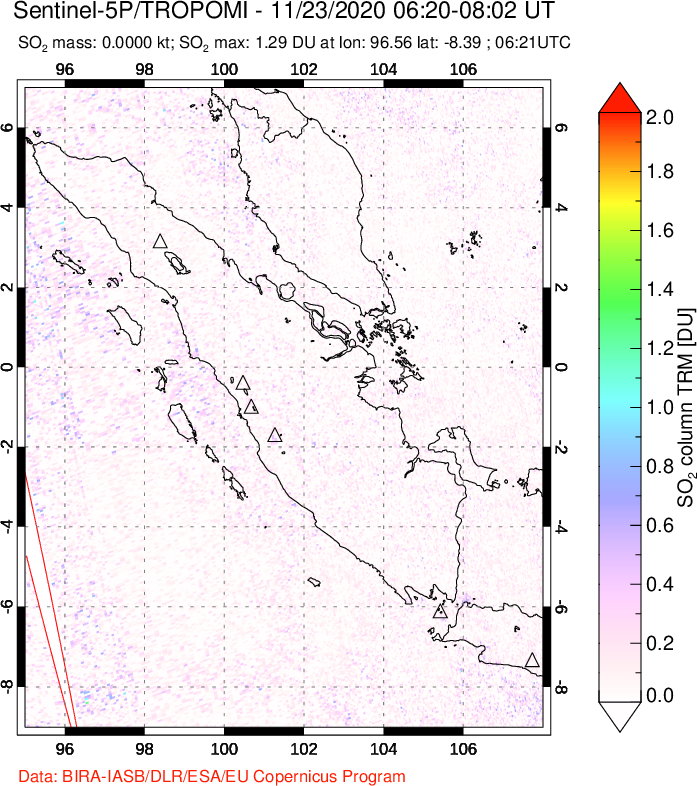 A sulfur dioxide image over Sumatra, Indonesia on Nov 23, 2020.